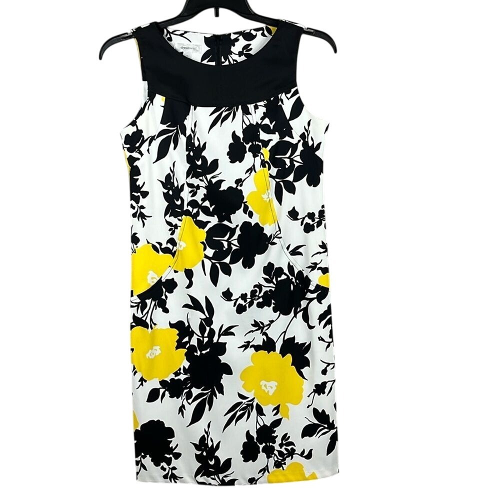 Dress Barn Sleeveless Sheath Dress Womens Size 10 Black Yellow Floral Midi